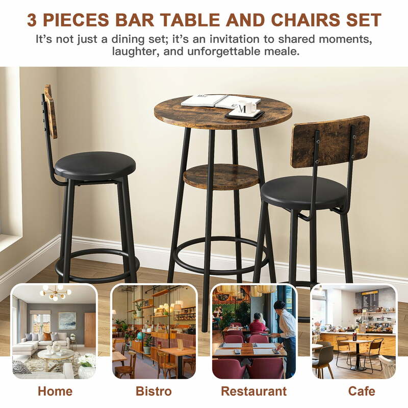 Набор из 3 обеденных круглых столов и стульев, набор промышленных барных столов, кухонный стол и 2 стульчика на конусе для завтрака, Деревенский коричневый