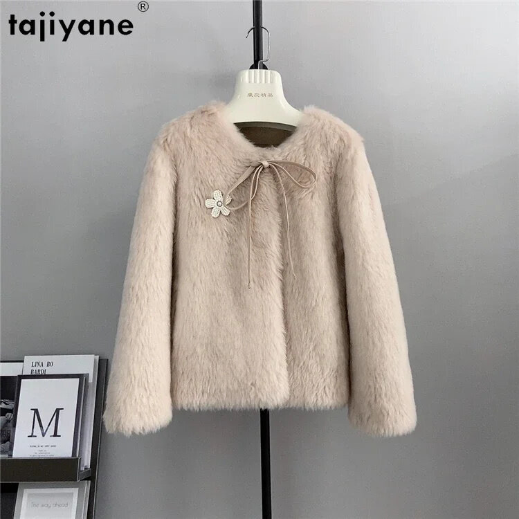 여성용 순수 Tajiyane 컬러 100% 양 전단 재킷, 2024 짧은 울 코트, 한국 패션 합성 모피 코트, Casaco Feminino