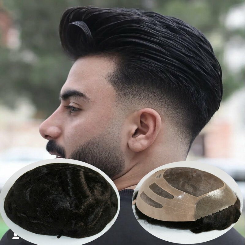 Unit rambut palsu pria # 1b warna rambut manusia rambut palsu pria renda Unit rambut dengan NPU pengganti sistem rambut pria tahan lama dan bernapas
