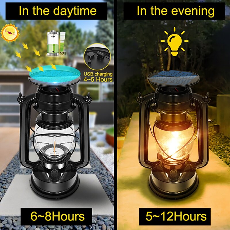 LED Vintage Solar Lantern Outdoor Hanging Metal Lantern USB Camping Night Lights For Garden Yard Decor Or Camping Hiking