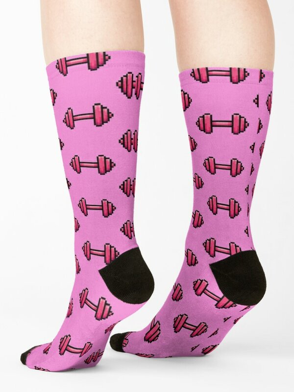 Barbell Workout Pink Pixel Art Icon Socks cotton aesthetic Designer Man Socks women's