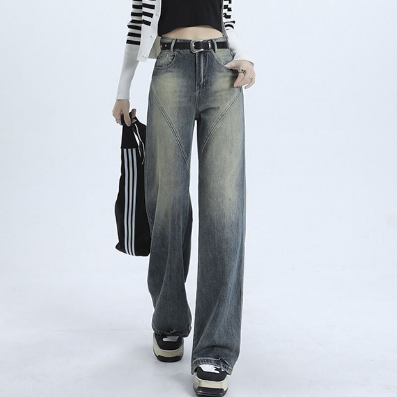 Женские джинсы с прямыми штанинами, модные корейские женские брюки, винтажная одежда из денима, женская одежда, уличные джинсы с высокой талией Y2k, 2023