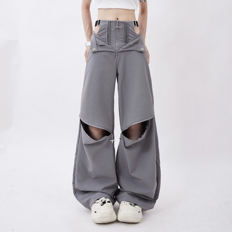QWEEK Y2K Streetwear Cargo damskie luźne luźne spodnie damskie Oversize spodnie z szerokimi nogawkami Retro Hip Hop moda uliczna spodnie