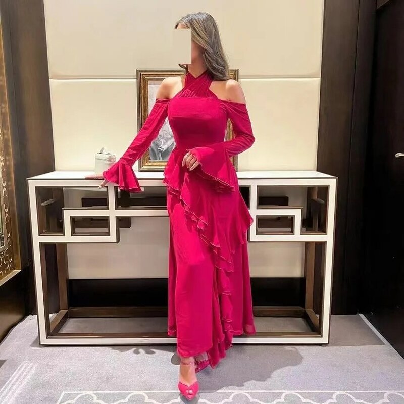 Koendye Daudi-vestidos De fiesta De graduación saudita, cuello Halter, mangas largas, vestidos De noche De fiesta De cóctel, volantes, abertura lateral, vestido Formal