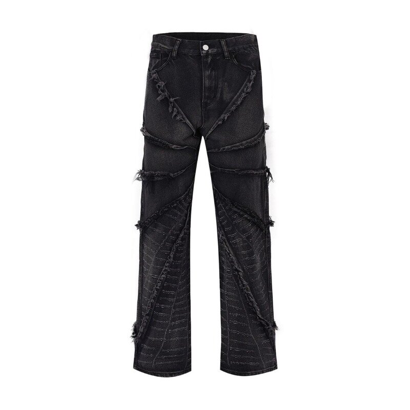 Jeans pinggiran mentah pria Y2K bergaya retro Amerika celana Jin longgar pinggiran kasar spider web Eropa dan Amerika