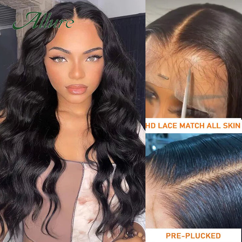 Peruca de cabelo humano frente do laço transparente HD brasileiro para mulheres, parte T, onda do corpo, cor preta natural, allure