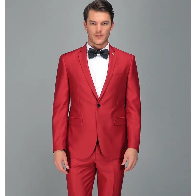 Chic Red Male Suit Slim Fit Formal Notch Lapel One Button Casual Business Groom Wedding Tuxedo Fashion 2 Piece Blazer with Pants