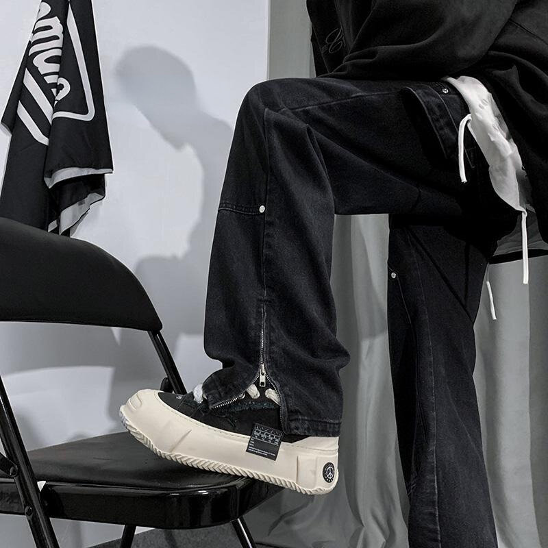 Jean Baggy Noir en Denim pour Homme, Pantalon Droit, Style Patchwork, à la Mode, Nouveau Design, L15