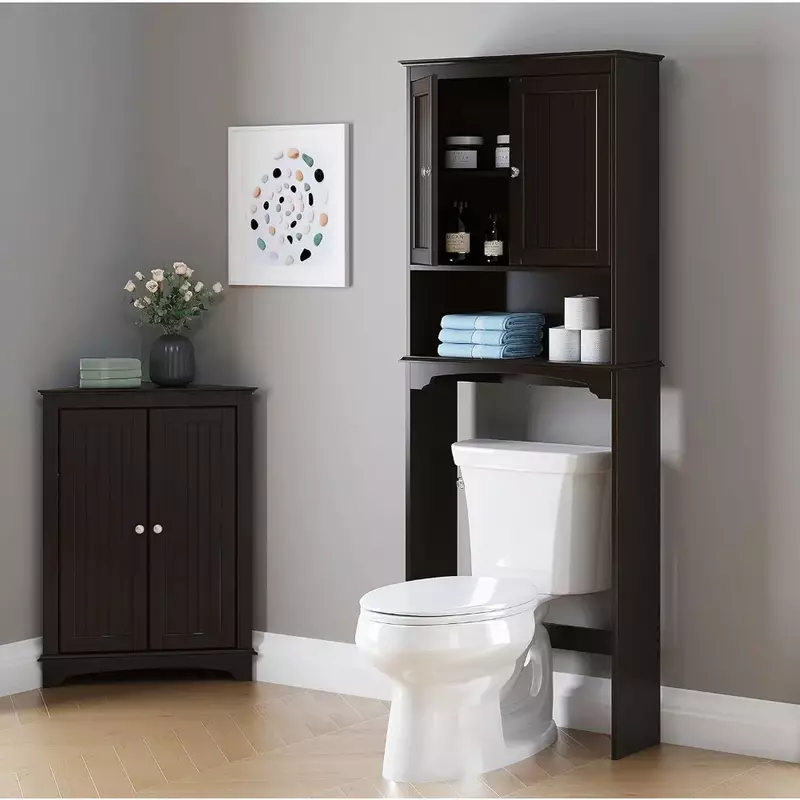 Sob o armário do toalete para o banheiro, acima do armário do armazenamento do toalete com portas e prateleiras ajustáveis, armário do espresso