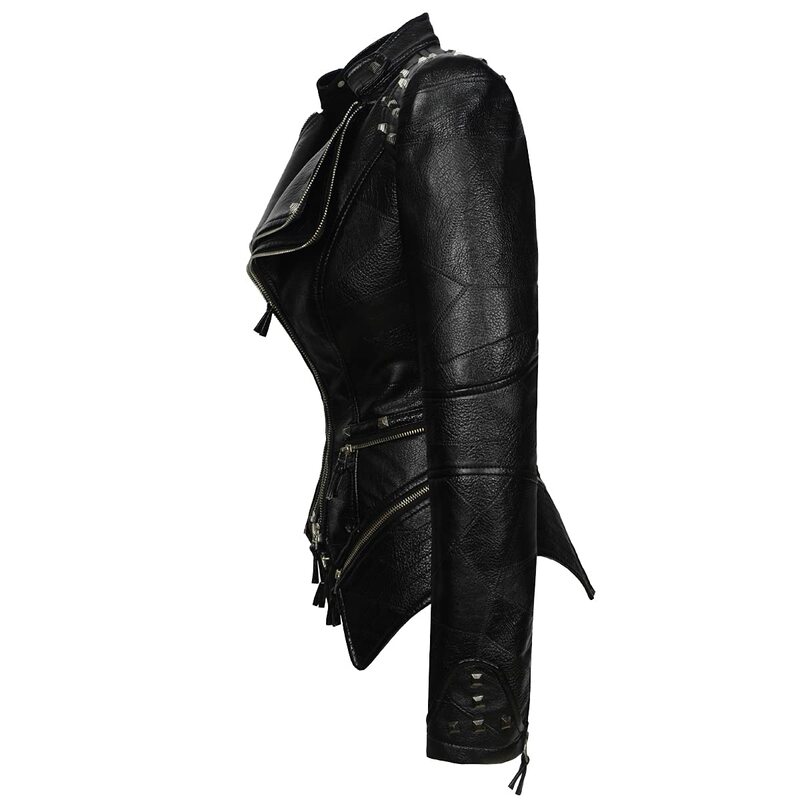 ฤดูใบไม้ร่วงใหม่ผู้หญิง Pu Faux หนังแจ็คเก็ต Studs รถจักรยานยนต์ Biker Coat Serpentine Lapel Rivet Slim Streetwear สีดำ Punk Outerwear