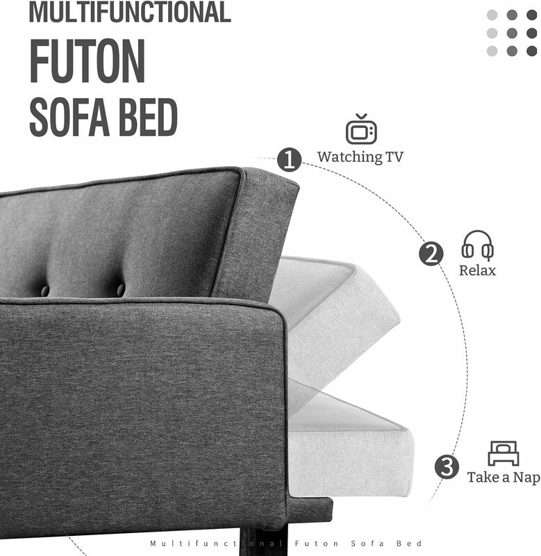 Sofá de couro falso, Futon Sofá-cama, Conversível moderno, Braços para estúdio, Escritório, Apartamento, Vida compacta
