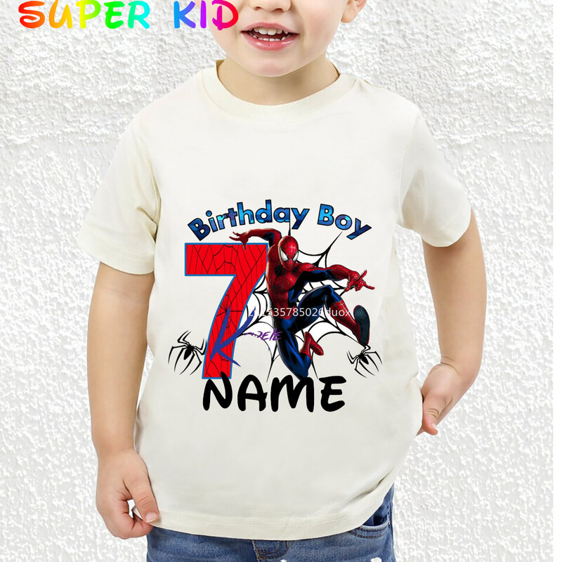 Camiseta de aniversário do homem-aranha infantil, manga curta branca, nome personalizado, camisa de aniversário infantil, camisa de aniversário de menino, 3, 4, 5, 6, 7, 8