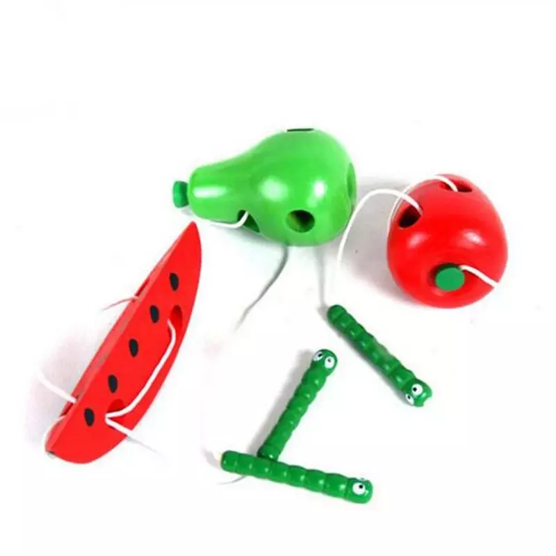 Bebé Montessori educación temprana juguetes de madera gusano comer la fruta juguetes de aprendizaje para 0-7 año los niños Apple Peach sandía