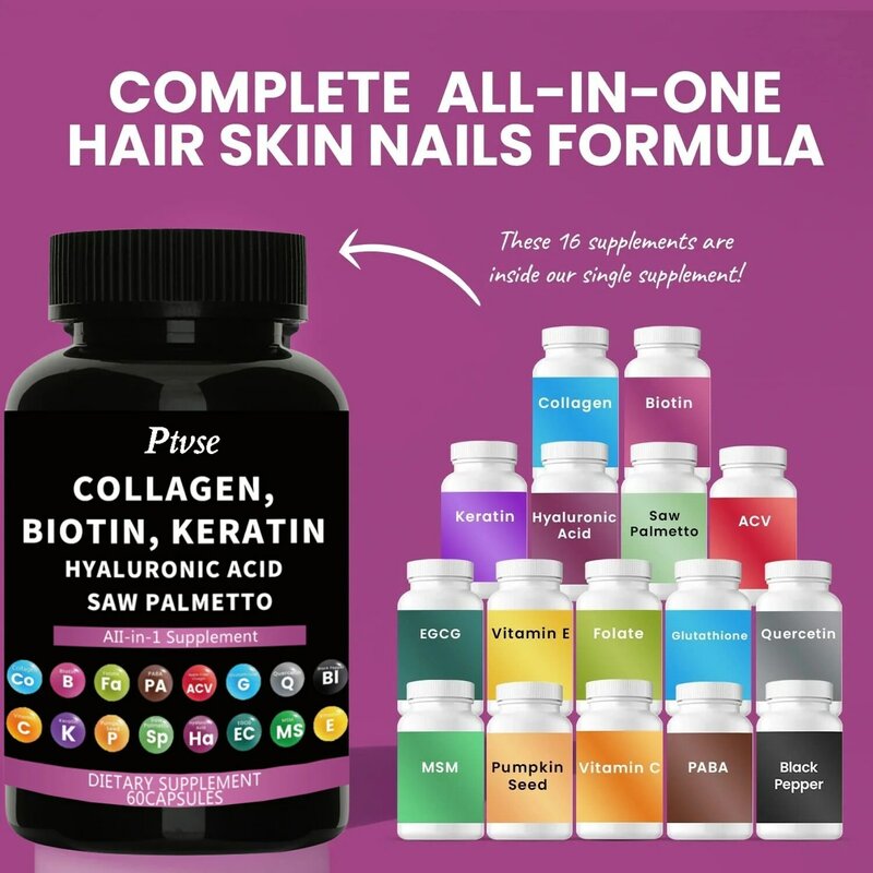 Ptvse pil kolagen 1000mg Biotin 10000mcg gergaji Keratin 2500mg asam hialuronat-Vitamin untuk rambut, kulit, dan kuku