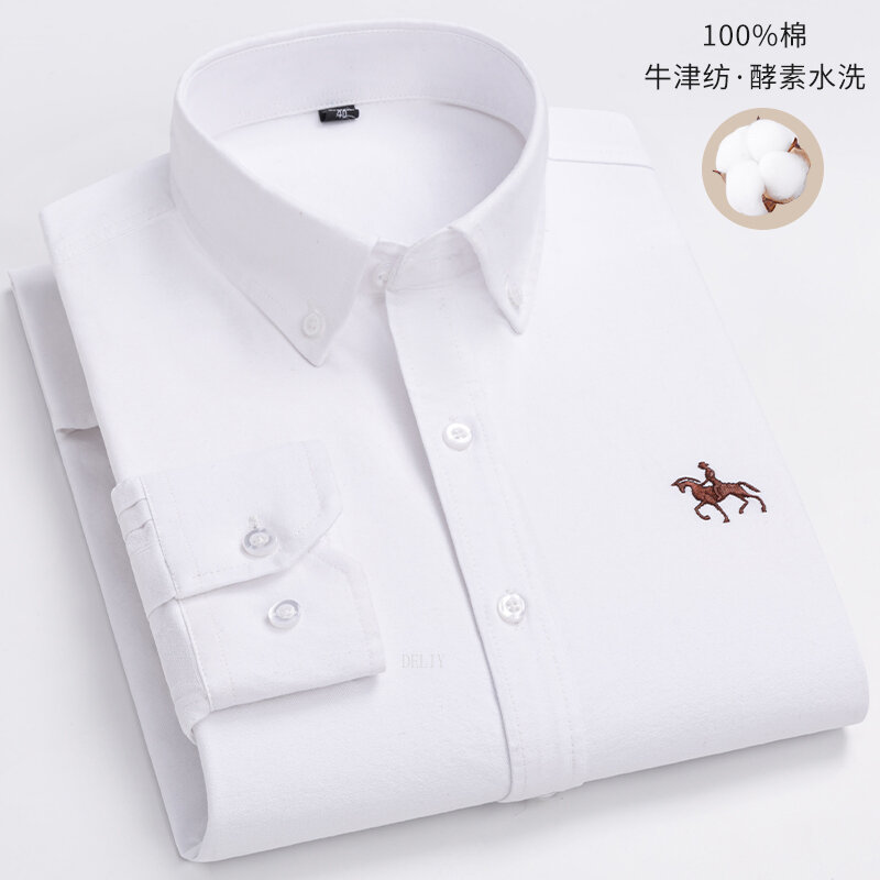 2023 100% Cotton Oxford Man Leisure Embroidered Horse Shirts Streetwear Oversized  Men Shirt Floral Long Sleeve Casual Plus Size