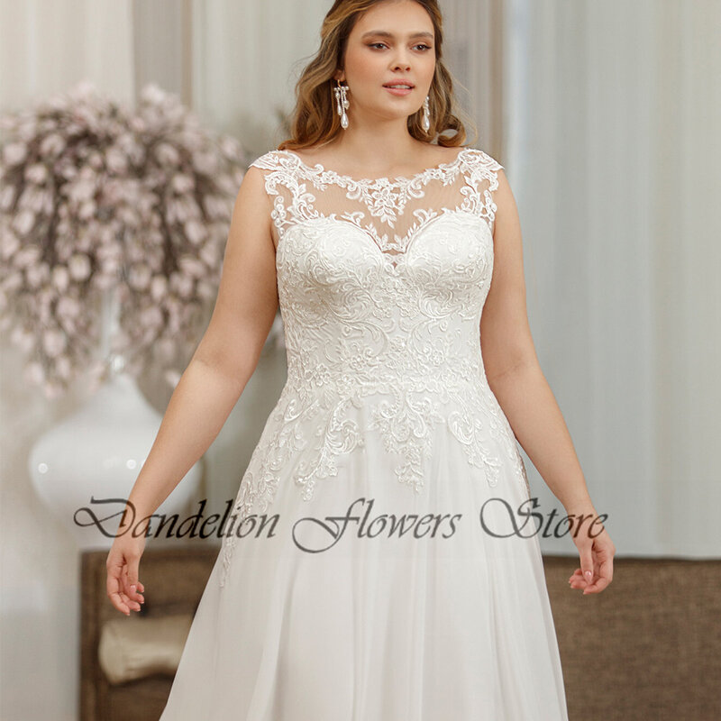 Elegant Wedding Dress For Bride Plus Size Organza O-Neck Sleeveless Bride Gown Lace Applique A-Line Sweep Train Vestido De Noiva