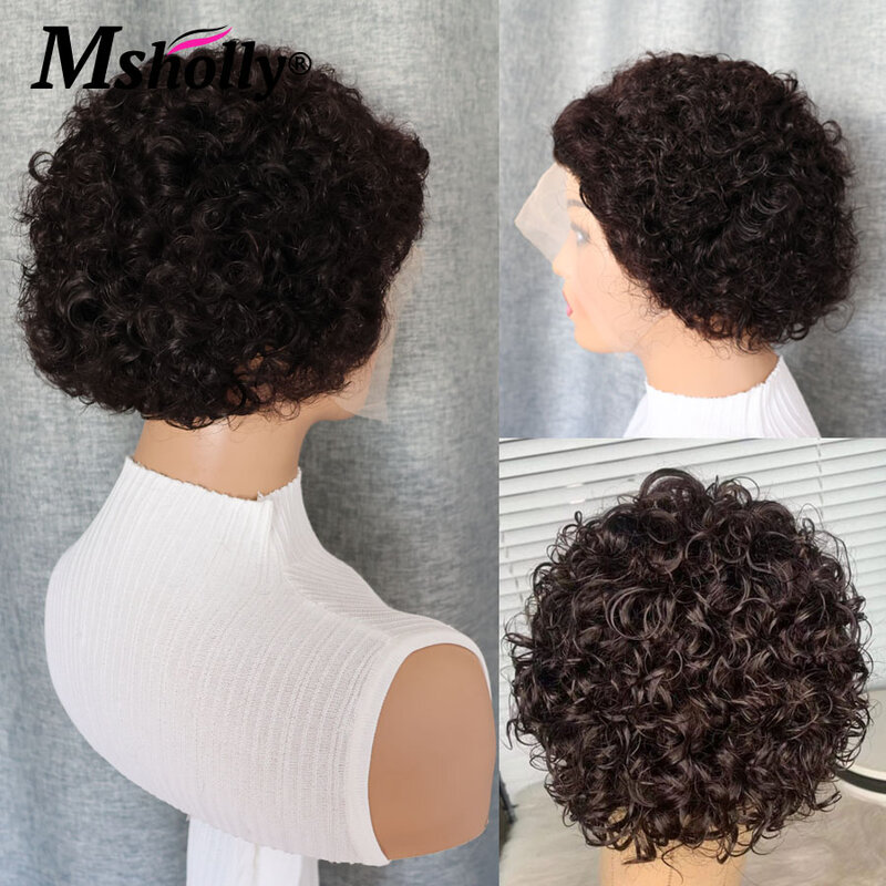 Pixie Cut Short Bob Curly Wigs Black Color Glueless Human Hair Wigs 13x1 HD Lace Frontal Wig Brazilian Remy Water Wave Curly Wig