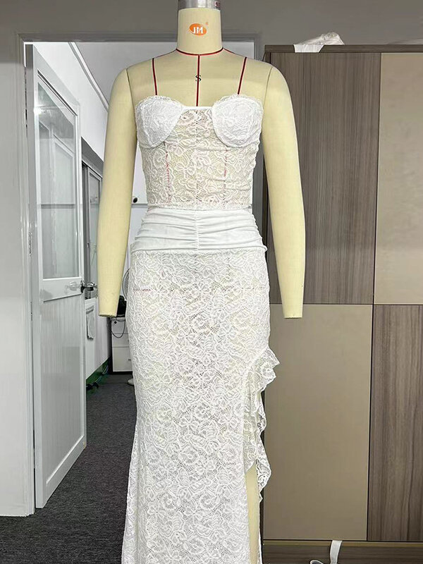 Set rok Maxi renda seksi Y2K pakaian 2 potong rok Hem tidak beraturan pinggang rendah ruffle kasual bunga renda untuk wanita