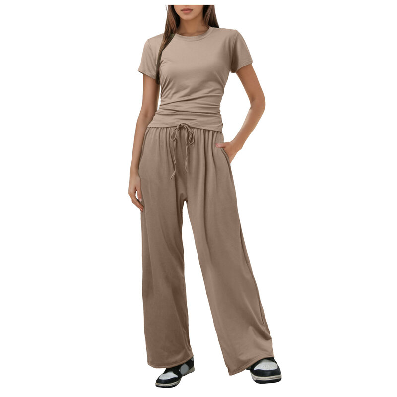 Summer 2024 Women Holiday Casual Pant Set Short Sleeve Tops High Waisted Wide Leg Pants Solid Outfits 2-Piece Set Matching Set