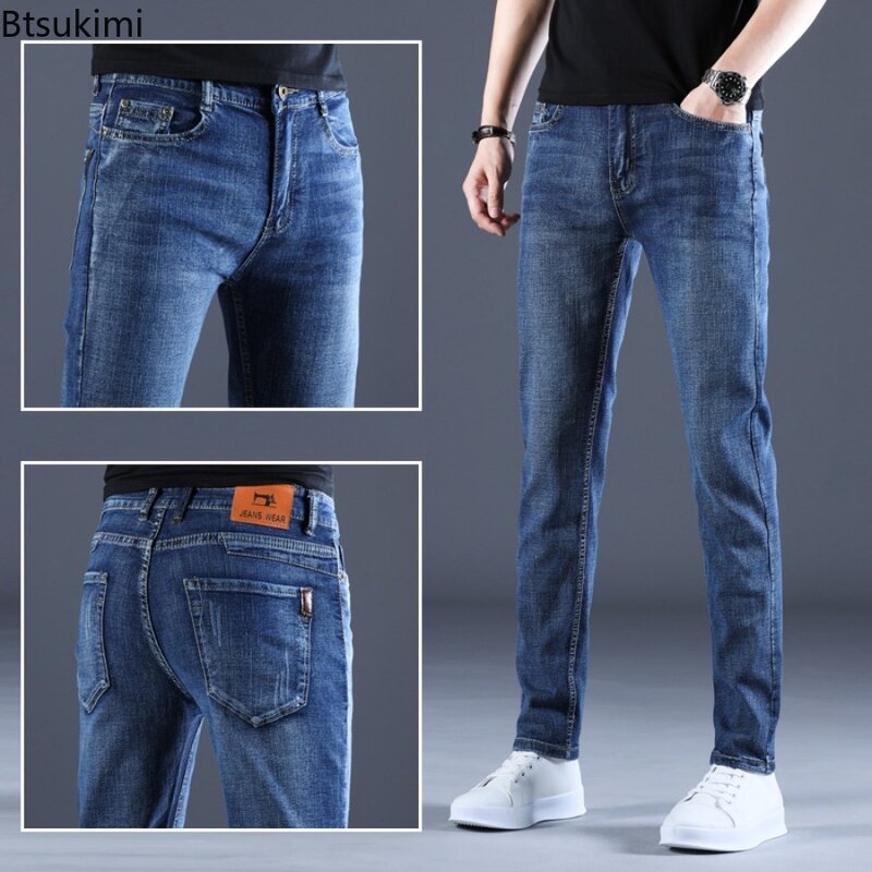 Spring New Men's Denim Pants Fashion Slim Fit High Elastic Straight Casual Trousers Comfort All-match Classic Jeans Men Clothing