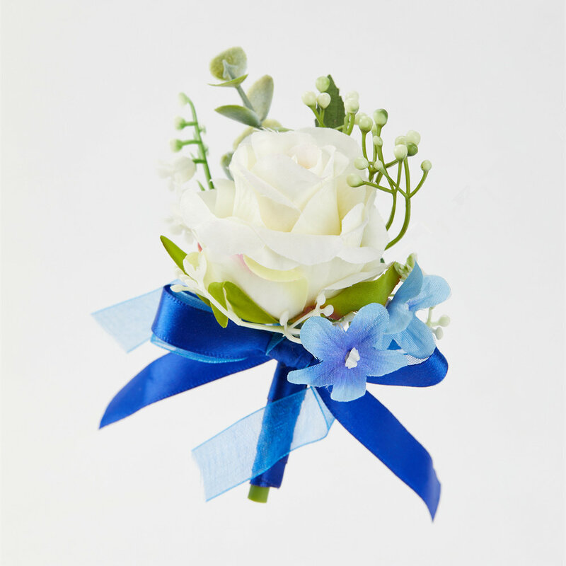 Meldel Corsage Bräutigam Boutonniere Revers Pin Braut Handgelenk Corsage Weiß Blau Rose Armband Hochzeit Party Persönliche Floral Decor