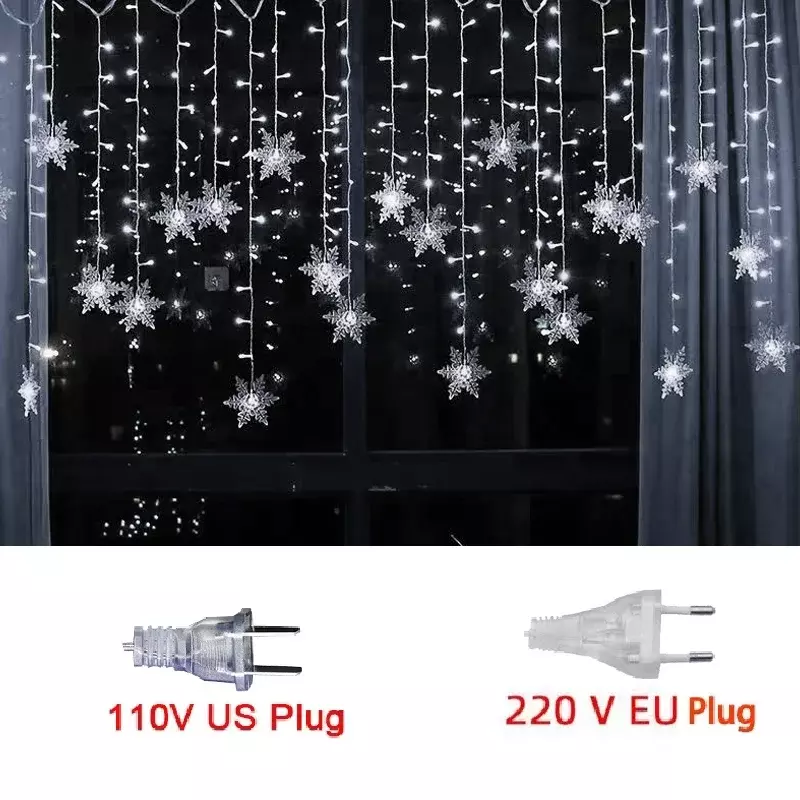 LEDフェアリーストリングクリスマスライト、スノーフレークカーテン、防水ガーランド、ホリデーパーティー、クリスマスデコレーション、3.5m、2024
