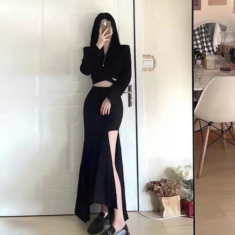 Женская Асимметричная юбка Y2k, привлекательная трапециевидная юбка с разрезом, облегающая Корейская черная юбка с высокой талией, новинка F