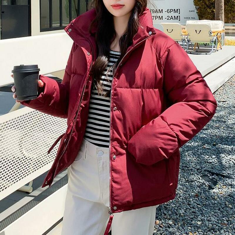 Winter Women Cotton Jacket Solid Color Stand Collar Neck Protection Pakas Thicken Padded Zipper Pockets Pockets Down Coat