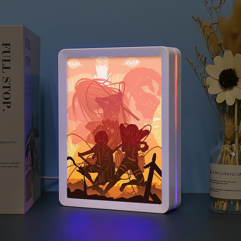 Caja de luz de Anime de ataque a los Titanes, luz de noche de tallado de papel 3D, caja de sombra Diy, marco de póster LED de papel, decoración de habitación personalizada