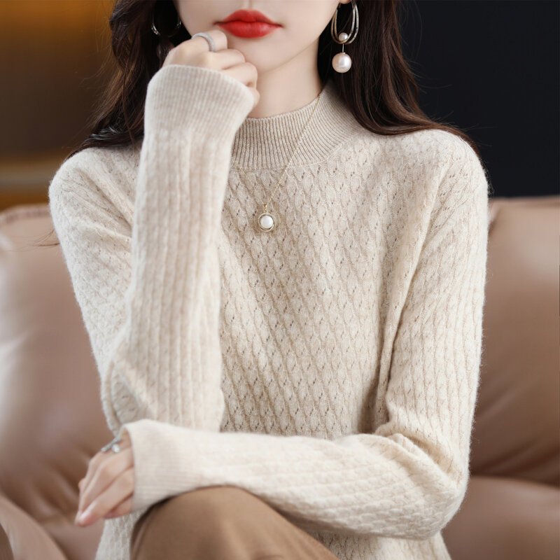 100% merino cashmere sweater women's openwork sweater high-necked long-sleeved pullover warm pullover in autumn and winter.