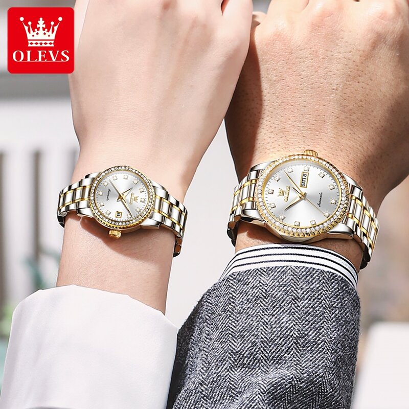OLEVS jam tangan mekanis pria wanita, arloji otomatis berlian mewah tanggal pekan tahan air baja tahan karat modis untuk pasangan baru
