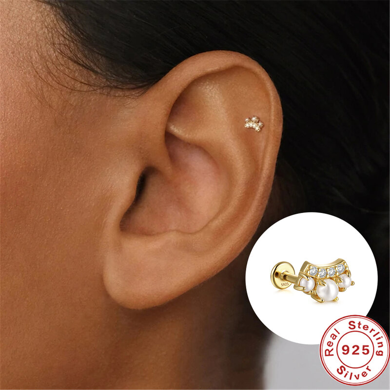 LENNIK-pendientes de Plata de ley 925 para mujer, aretes de tuerca con perla de ópalo coreano, circonita, joyería para Piercing de hueso de oreja