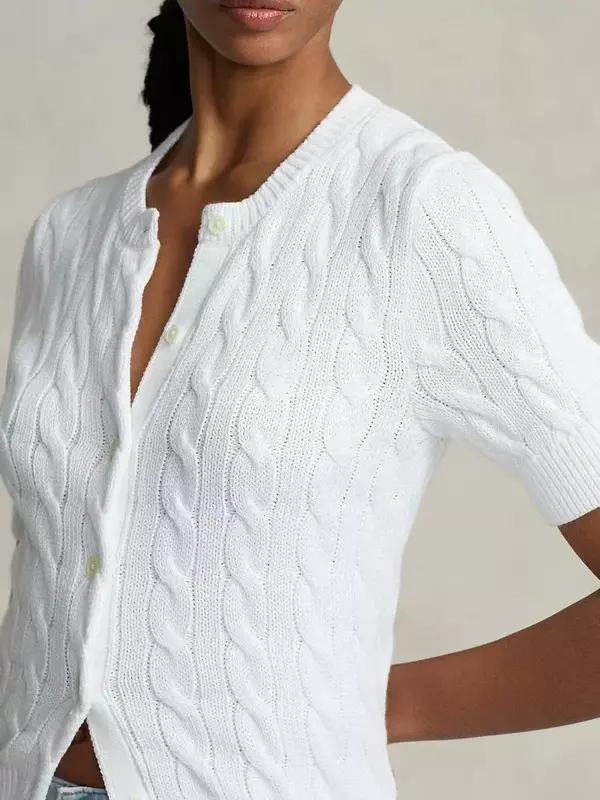 2024 RL 100% Cotton Knit Summer Pony Knit Cardigan Shirt Slim Short Sleeve Women's Sweater Thin Sun Protection Shirt Knit Top