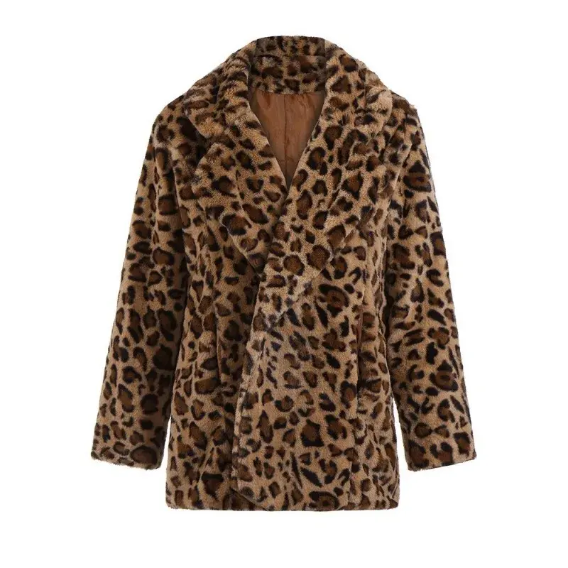 Jaqueta de leopardo de pele sintética feminina, manga comprida, parka grossa quente, casaco feminino, inverno