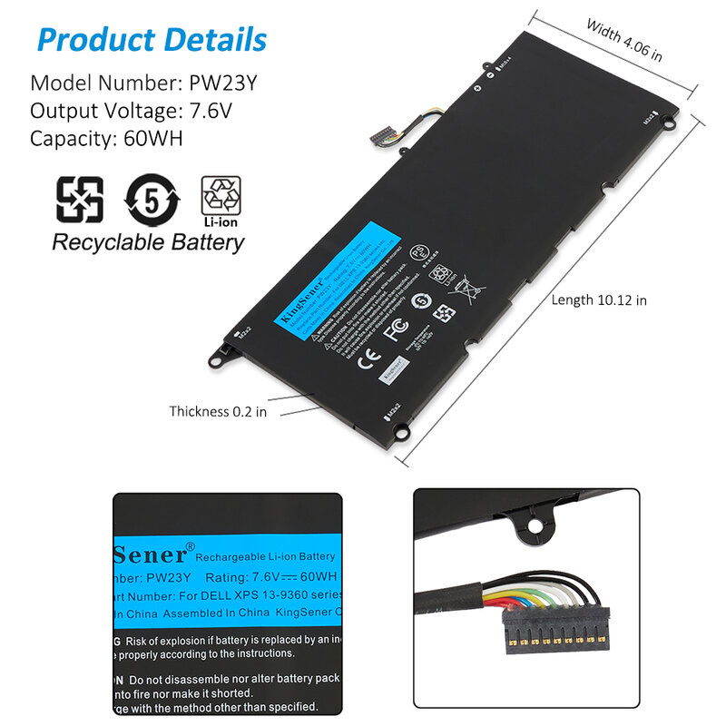 KingSener-Batterie de rechange pour ordinateur portable PW23Y, outils gratuits, DELL XPS 13, série 9360, RNP72 TP1ightP54G, 7.6V, 60WH