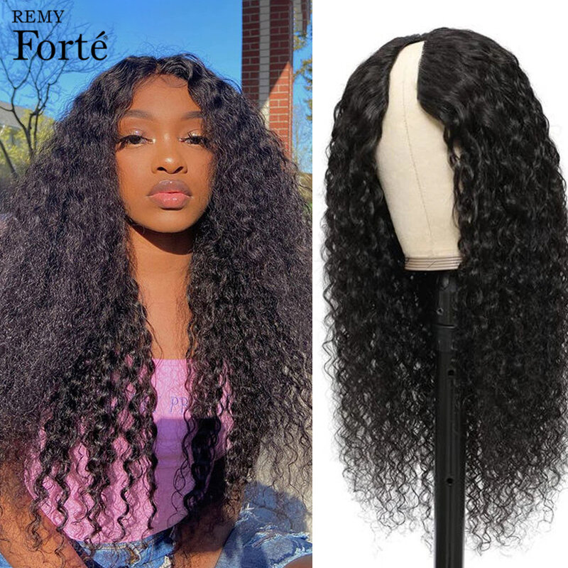 180% Density Deep Curly V Part Wig Human Hair Cheap Full Machine Made Wig Natural Black Remy Water Wave V Part Wig Human Hair