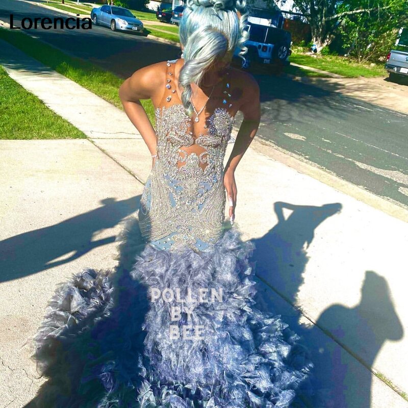 Gaun Prom biru berlian seksi lorensia 2024 untuk Gadis hitam kristal berlian imitasi manik-manik gaun pesta Ruffle berjenjang gaun pesta Vestido YPD127