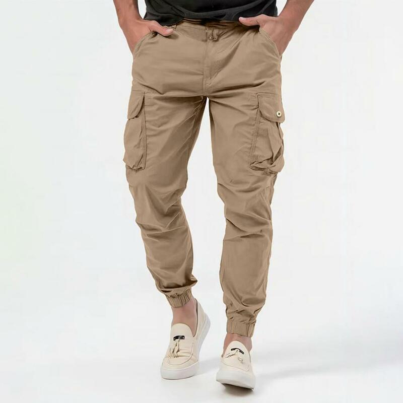 Calça de cintura média masculina com bolsos múltiplos, fechamento de botão com zíper, macio respirável, confortável, cor sólida casual