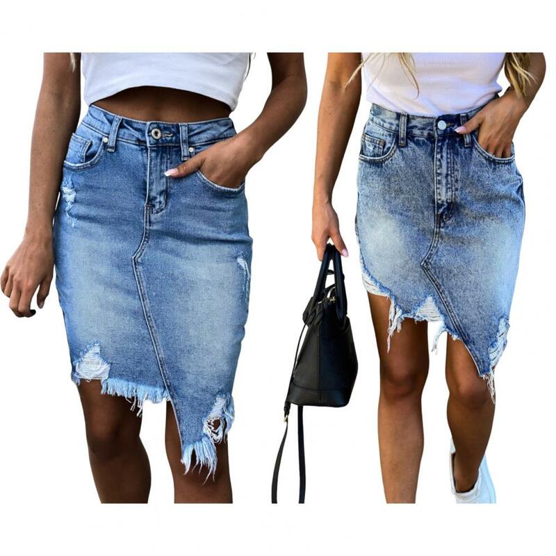 Frauen Sommer Jeans rock hohe Taille Knopf Reiß verschluss fliegen Minirock zerrissene Löcher unregelmäßigen Saum Hüfte gewickelter Rock Streetwear melody