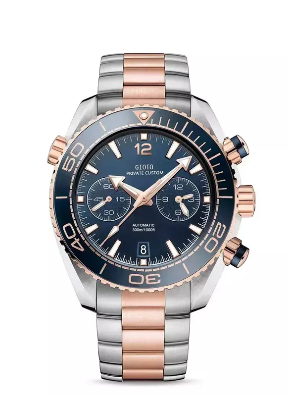 Luksusowy nowy męski zegarek kwarcowy z chronografem Stal nierdzewna Czarna ceramiczna guma płócienna Różowe złoto Niebieski