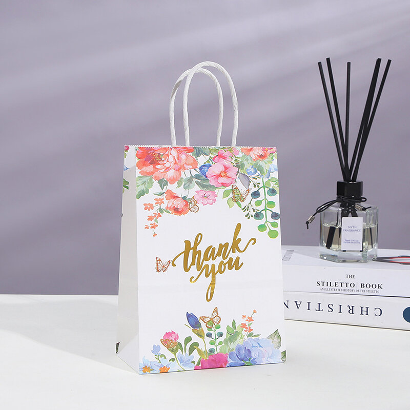 Thank You Paper Gift Bag With Handle Flower Love Portable Packaging Bags Wedding Favors For Guest Birthday Gift Decoration