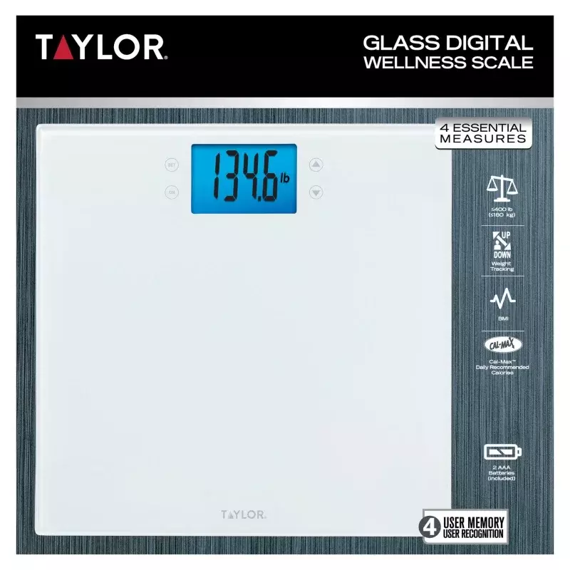 Стеклянные цифровые весы для здоровья Taylor, 11,8 дюйма x 11,8 дюйма, 400 фунтов, на батарейках, с 4 основными мерками, белого цвета