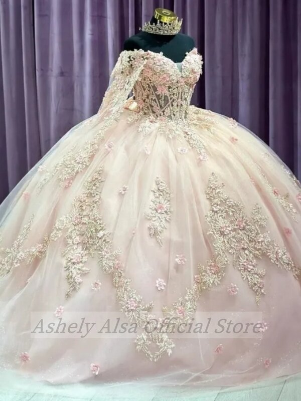 Arabska meksykańska sukienka na Quinceanera różowa suknia balowa dla 16 dziewczynek z koralikami 3D na imprezę bal sukienka z suknie na imprezy urodzinowe peleryny