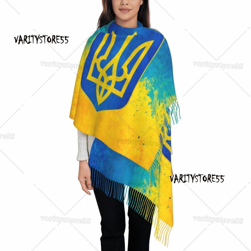 Syal rumbai bendera Ukraina bergaya syal hangat musim dingin untuk wanita membungkus mantel lengan syal Ukraina