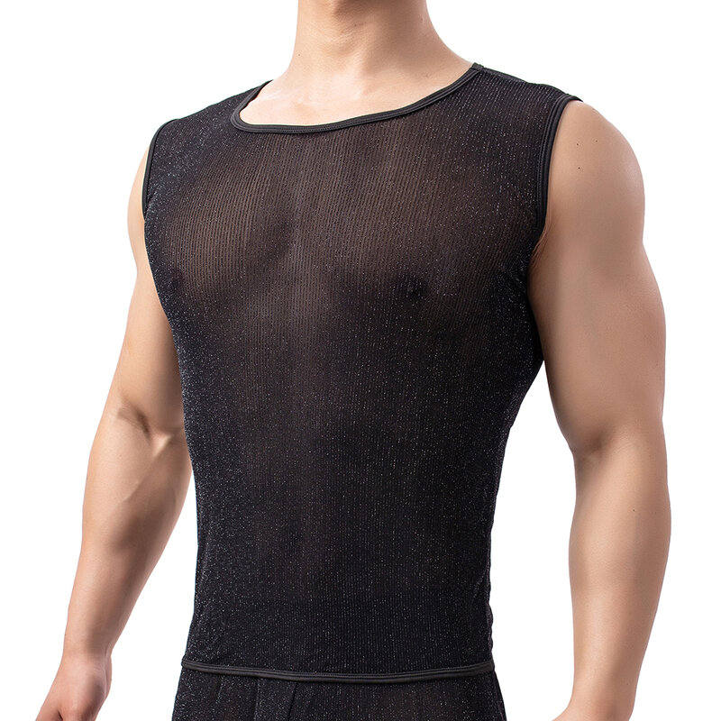 เซ็กซี่ตาข่าย Undershirts ผู้ชายชุดชั้นในเสื้อเสื้อแขนกุดผ้าไหม Sissy Breathable Vest ชุดนอนมวยปล้ำ T-Shrits
