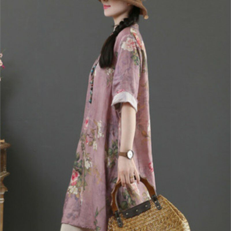 Женская рубашка из хлопка и льна, свободное ретро платье средней длины с литературным цветочным принтом