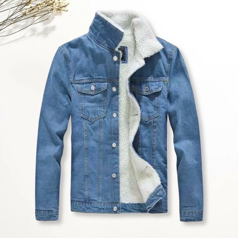 Stylish Men Jacket Button Closure Jacket Men's Slim Fit Denim Jacket with Stand Collar Thickened Plush Lining Neck for Fall