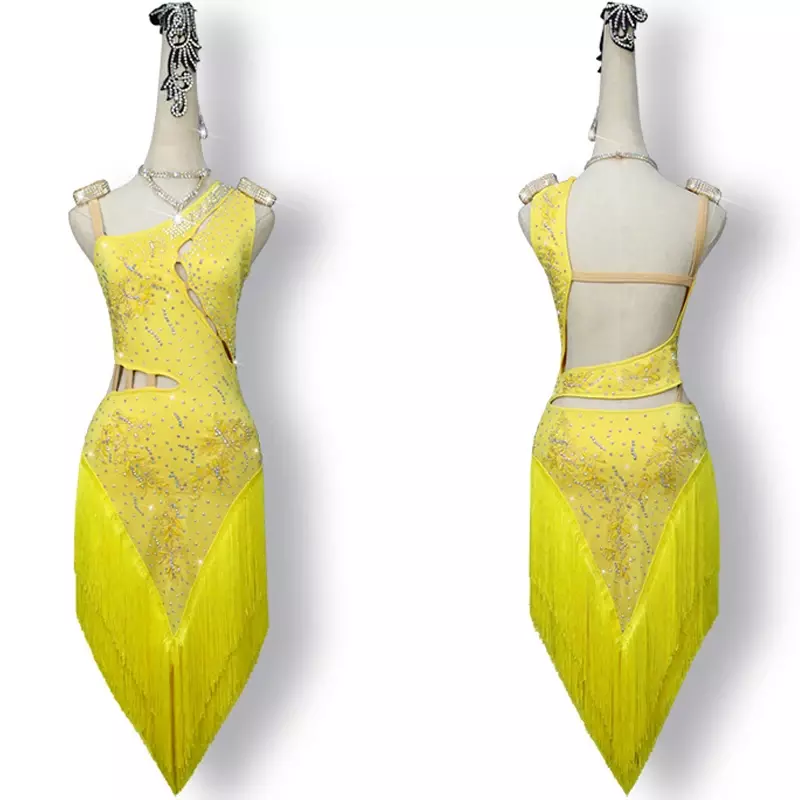 Nowa niestandardowa żółta latynoska sukienka damska diamentowa spódnica do tańca Cha Cha spódnica taneczna do Tango spódnica do tańca profesjonalnych kostiumów scenicznych dla dorosłych
