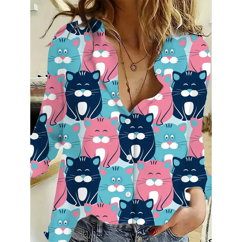2024 New 3D Digital Cute Cat Print camicia da donna temperamento manica lunga moda Casual quotidiana primavera e autunno manica lunga Top