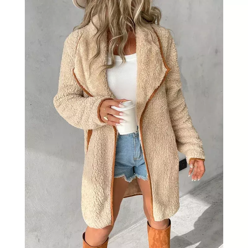 Tasca per rilegatura cappotto per orsacchiotto lungo donna elegante donna autunno inverno manica lunga colletto con risvolto aperto davanti giacca allentata Outwear